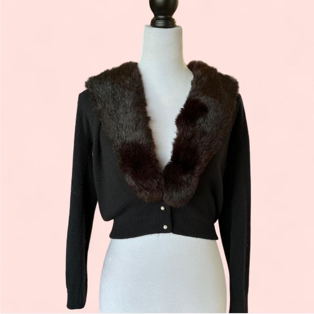 Real Vintage 1950’s cropped cardigan with real mink collar and pearl buttons.